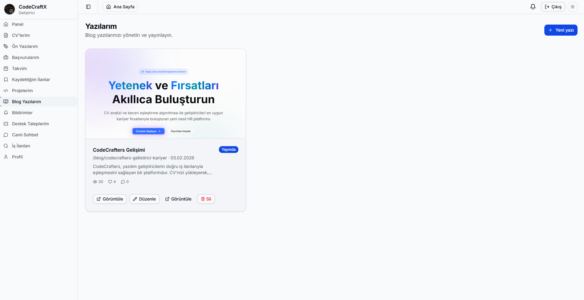CodeCraftX işveren dashboard görünümü
